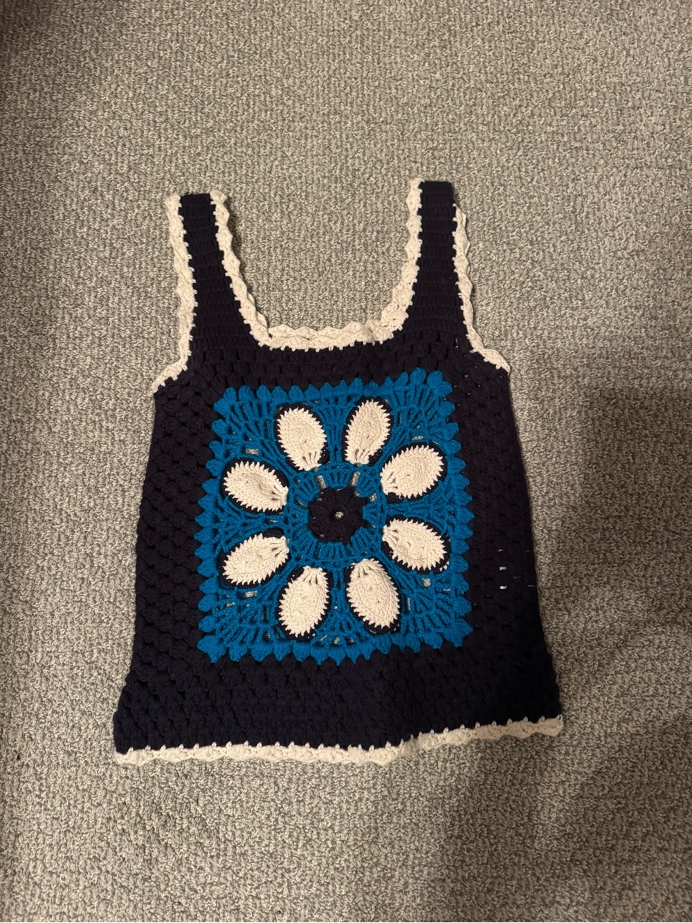 Tory Burch Navy Crochet Tank with Teal and Cream Floral Medallion